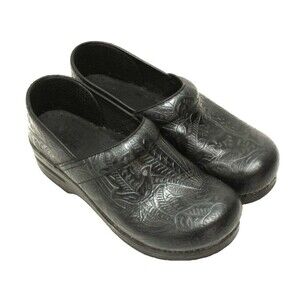Dansko Shoes Women's sz 10 Black Embossed Tooled Leather Clogs Mules